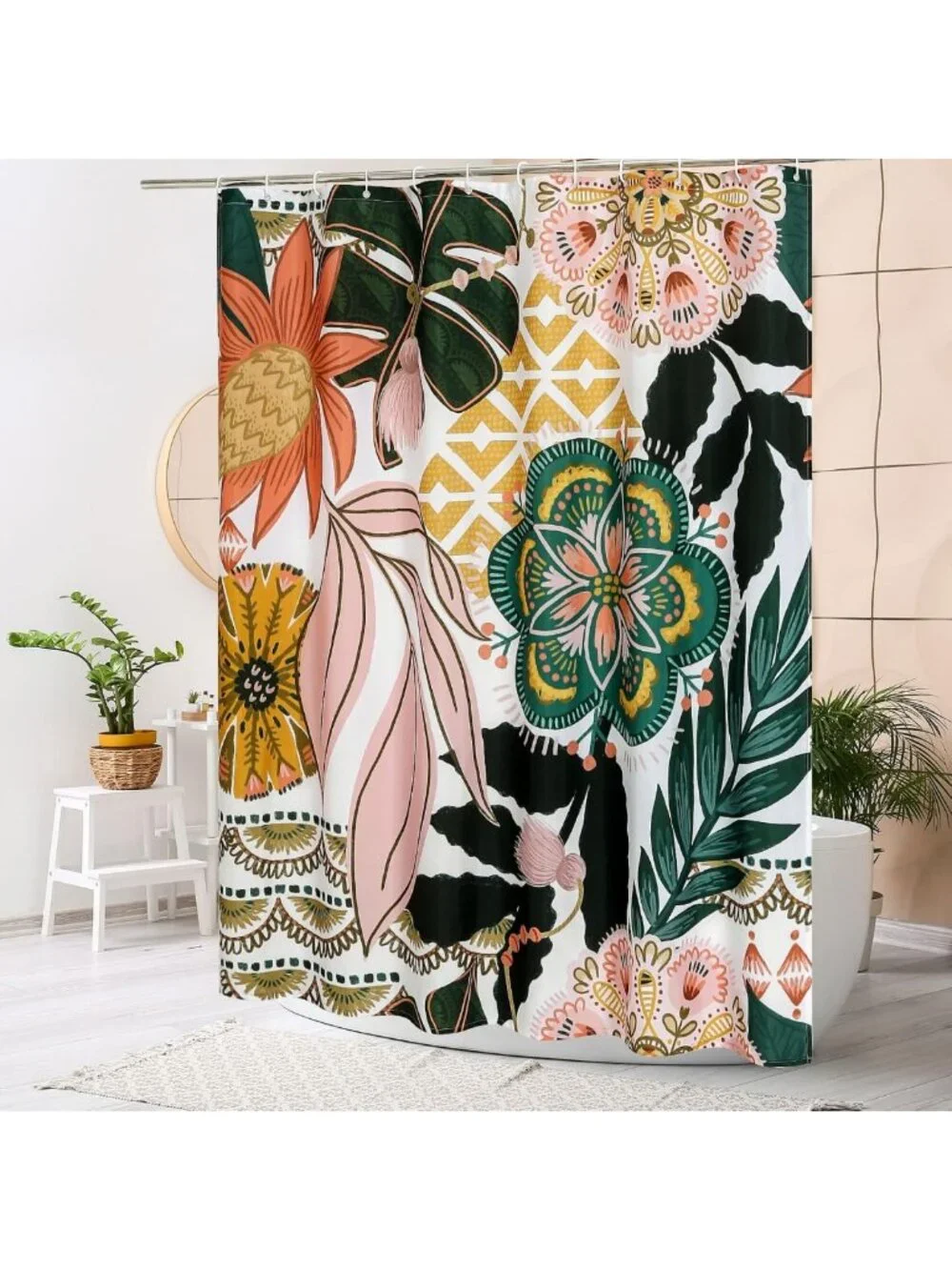 Boho Floral Shower Curtain - Tropical Leaves Fabric for Vintage Bathroom Decor